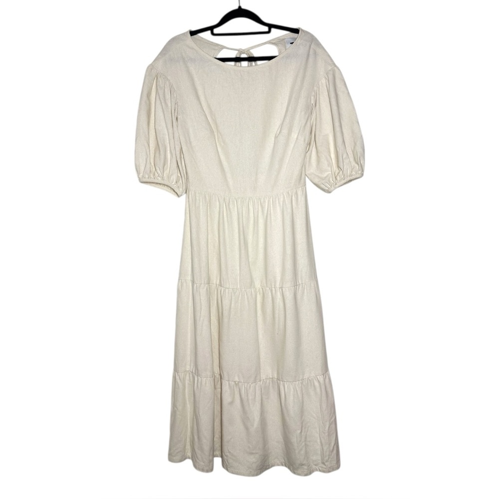 TOWN Cream Raw Silk Tie Open Back Tiered Quince Midi Dress - 1